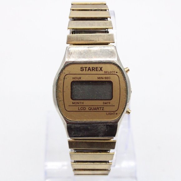 Vintage Starex Digital Watch Mens Gold Tone Stainless Steel LCD Quartz Retro 80s - Picture 2 of 8